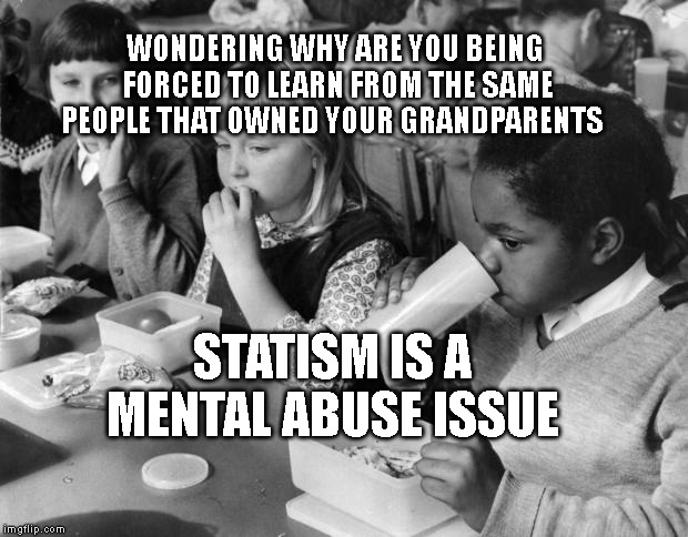 School lunch | WONDERING WHY ARE YOU BEING FORCED TO LEARN FROM THE SAME PEOPLE THAT OWNED YOUR GRANDPARENTS; STATISM IS A MENTAL ABUSE ISSUE | image tagged in school lunch | made w/ Imgflip meme maker