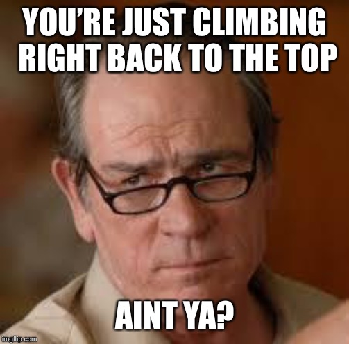 my face when someone asks a stupid question | YOU’RE JUST CLIMBING RIGHT BACK TO THE TOP AINT YA? | image tagged in my face when someone asks a stupid question | made w/ Imgflip meme maker