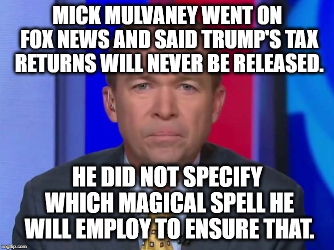 Nice Try. | MICK MULVANEY WENT ON FOX NEWS AND SAID TRUMP'S TAX RETURNS WILL NEVER BE RELEASED. HE DID NOT SPECIFY WHICH MAGICAL SPELL HE WILL EMPLOY TO ENSURE THAT. | image tagged in mick mulvaney,trump,tax returns,taxes,traitor,treason | made w/ Imgflip meme maker