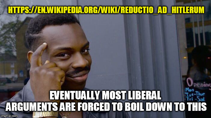 Roll Safe Think About It Meme | HTTPS://EN.WIKIPEDIA.ORG/WIKI/REDUCTIO_AD_HITLERUM EVENTUALLY MOST LIBERAL ARGUMENTS ARE FORCED TO BOIL DOWN TO THIS | image tagged in memes,roll safe think about it | made w/ Imgflip meme maker