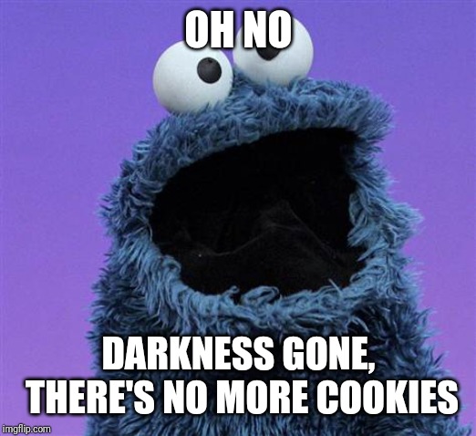 cookie monster | OH NO DARKNESS GONE, THERE'S NO MORE COOKIES | image tagged in cookie monster | made w/ Imgflip meme maker