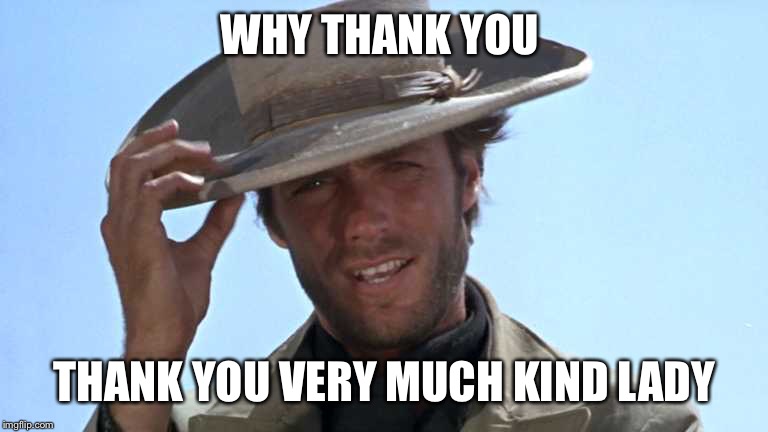 Cowboy Tipping Hat | WHY THANK YOU THANK YOU VERY MUCH KIND LADY | image tagged in cowboy tipping hat | made w/ Imgflip meme maker