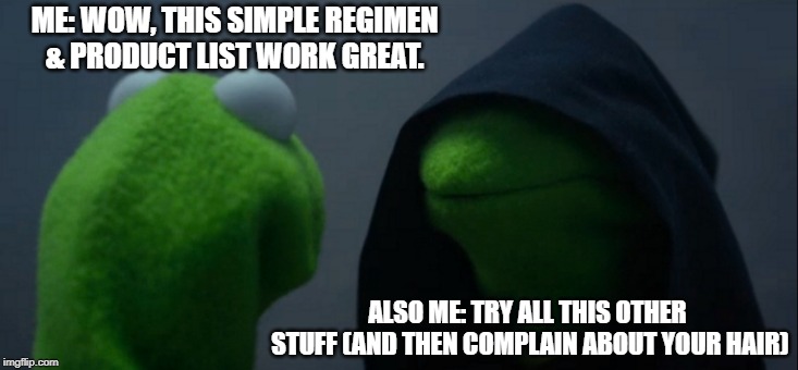 Evil Kermit Meme | ME: WOW, THIS SIMPLE REGIMEN & PRODUCT LIST WORK GREAT. ALSO ME: TRY ALL THIS OTHER STUFF (AND THEN COMPLAIN ABOUT YOUR HAIR) | image tagged in memes,evil kermit | made w/ Imgflip meme maker