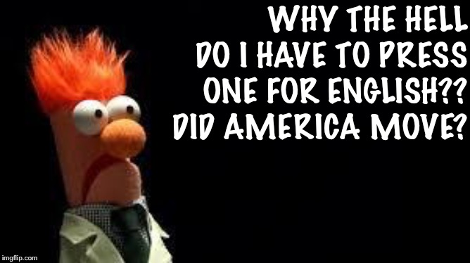 beeker | WHY THE HELL DO I HAVE TO PRESS ONE FOR ENGLISH?? DID AMERICA MOVE? | image tagged in beeker | made w/ Imgflip meme maker