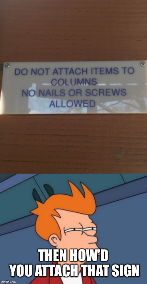 Darn hypocrites… | THEN HOW’D YOU ATTACH THAT SIGN | image tagged in memes,futurama fry,irony | made w/ Imgflip meme maker