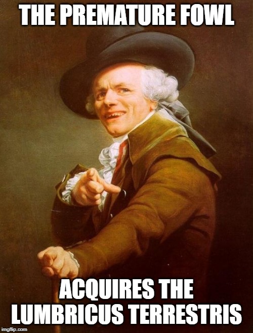 Joseph Ducreux | THE PREMATURE FOWL; ACQUIRES THE LUMBRICUS TERRESTRIS | image tagged in memes,joseph ducreux | made w/ Imgflip meme maker