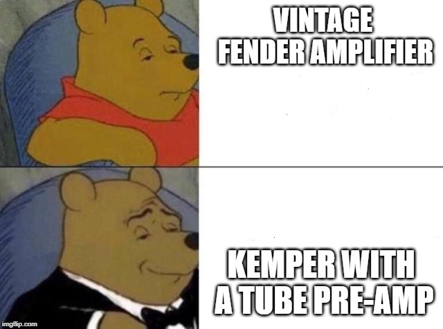 Tuxedo Winnie The Pooh | VINTAGE FENDER AMPLIFIER; KEMPER WITH A TUBE PRE-AMP | image tagged in tuxedo winnie the pooh | made w/ Imgflip meme maker