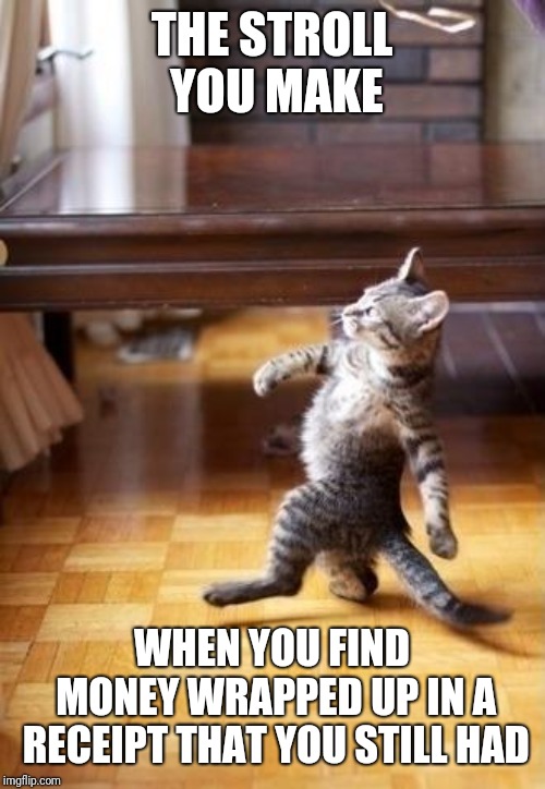 Cool Cat Stroll | THE STROLL YOU MAKE; WHEN YOU FIND MONEY WRAPPED UP IN A RECEIPT THAT YOU STILL HAD | image tagged in memes,cool cat stroll | made w/ Imgflip meme maker