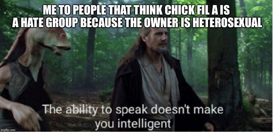 star wars prequel qui-gon ability to speak | ME TO PEOPLE THAT THINK CHICK FIL A IS A HATE GROUP BECAUSE THE OWNER IS HETEROSEXUAL | image tagged in star wars prequel qui-gon ability to speak | made w/ Imgflip meme maker