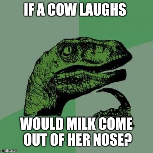 Philosoraptor Meme | IF A COW LAUGHS; WOULD MILK COME OUT OF HER NOSE? | image tagged in memes,philosoraptor | made w/ Imgflip meme maker