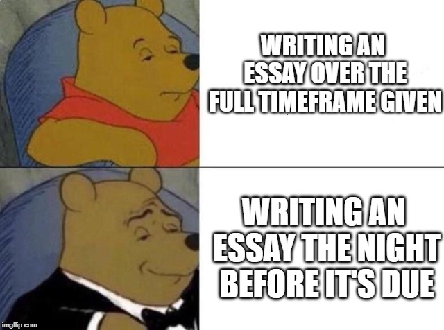 Tuxedo Winnie The Pooh | WRITING AN ESSAY OVER THE FULL TIMEFRAME GIVEN; WRITING AN ESSAY THE NIGHT BEFORE IT'S DUE | image tagged in tuxedo winnie the pooh | made w/ Imgflip meme maker