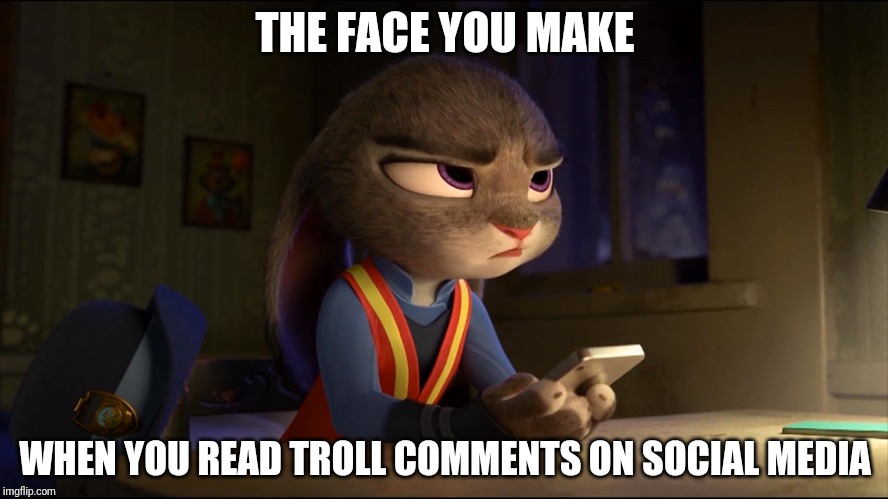 Judy Hopps annoyed | THE FACE YOU MAKE; WHEN YOU READ TROLL COMMENTS ON SOCIAL MEDIA | image tagged in judy hopps annoyed,zootopia,judy hopps,annoyed,trolling,funny | made w/ Imgflip meme maker