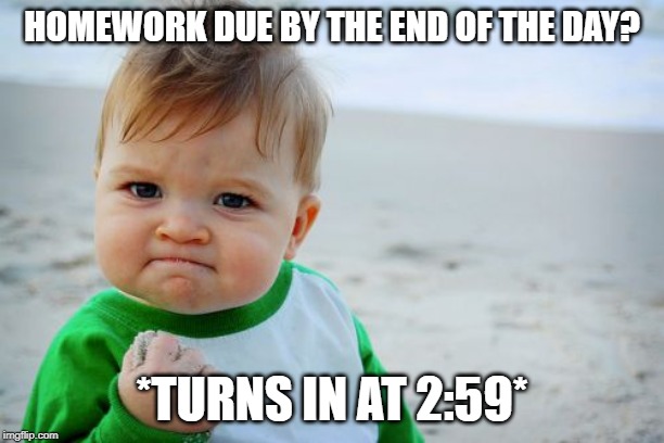 Homework Savage (Kid) | HOMEWORK DUE BY THE END OF THE DAY? *TURNS IN AT 2:59* | image tagged in memes,success kid original | made w/ Imgflip meme maker