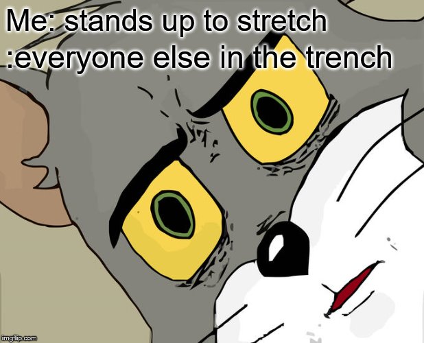 Unsettled Tom | Me: stands up to stretch; :everyone else in the trench | image tagged in memes,unsettled tom | made w/ Imgflip meme maker