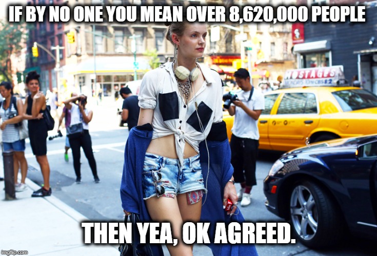 IF BY NO ONE YOU MEAN OVER 8,620,000 PEOPLE THEN YEA, OK AGREED. | made w/ Imgflip meme maker