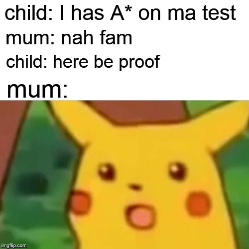 Surprised Pikachu Meme | child: I has A* on ma test; mum: nah fam; child: here be proof; mum: | image tagged in memes,surprised pikachu | made w/ Imgflip meme maker