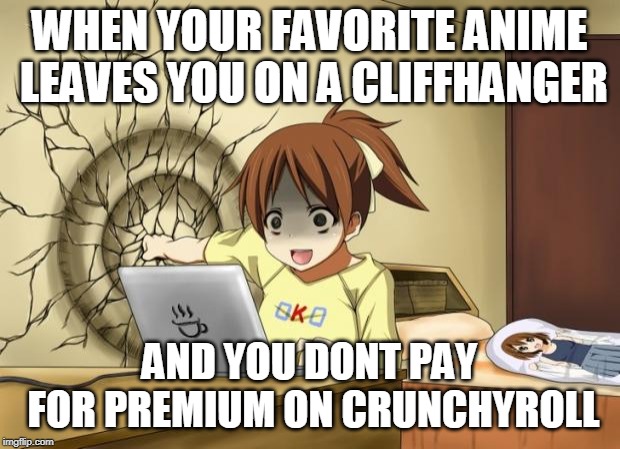 When an anime leaves you on a cliffhanger | WHEN YOUR FAVORITE ANIME LEAVES YOU ON A CLIFFHANGER; AND YOU DONT PAY FOR PREMIUM ON CRUNCHYROLL | image tagged in when an anime leaves you on a cliffhanger | made w/ Imgflip meme maker