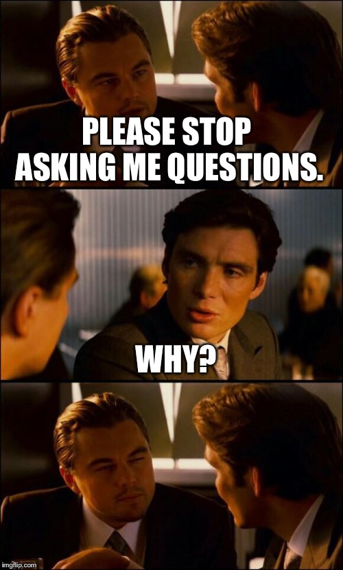 Di Caprio Inception | PLEASE STOP ASKING ME QUESTIONS. WHY? | image tagged in di caprio inception | made w/ Imgflip meme maker