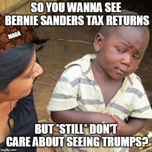 Third World Skeptical Kid | SO YOU WANNA SEE BERNIE SANDERS TAX RETURNS; MAGA; BUT *STILL* DON'T CARE ABOUT SEEING TRUMPS? | image tagged in memes,third world skeptical kid | made w/ Imgflip meme maker