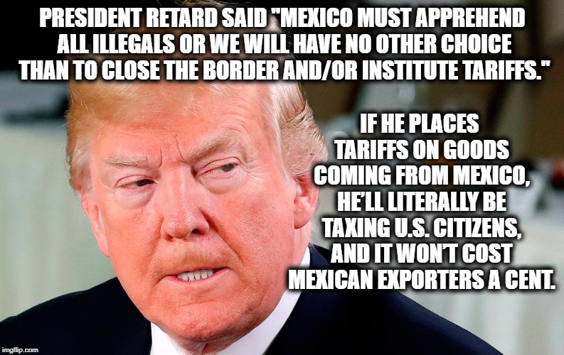 Way To Go, Mr. President! | IF HE PLACES TARIFFS ON GOODS COMING FROM MEXICO, HE’LL LITERALLY BE TAXING U.S. CITIZENS, AND IT WON’T COST MEXICAN EXPORTERS A CENT. PRESIDENT RETARD SAID "MEXICO MUST APPREHEND ALL ILLEGALS OR WE WILL HAVE NO OTHER CHOICE THAN TO CLOSE THE BORDER AND/OR INSTITUTE TARIFFS." | image tagged in donald trump,mexico,border,tariffs,treason,traitor | made w/ Imgflip meme maker