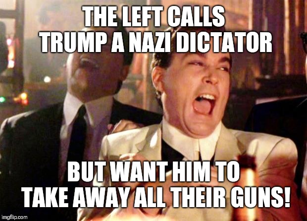 Goodfellas Laugh | THE LEFT CALLS TRUMP A NAZI DICTATOR; BUT WANT HIM TO TAKE AWAY ALL THEIR GUNS! | image tagged in goodfellas laugh | made w/ Imgflip meme maker