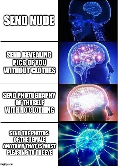 Expanding Brain Meme | SEND NUDE; SEND REVEALING PICS OF YOU WITHOUT CLOTHES; SEND PHOTOGRAPHY OF THYSELF WITH NO CLOTHING; SEND THE PHOTOS OF THE FEMALE ANATOMY THAT IS MOST PLEASING TO THE EYE | image tagged in memes,expanding brain | made w/ Imgflip meme maker