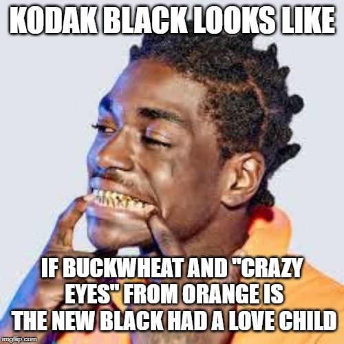 Kodak | KODAK BLACK LOOKS LIKE; IF BUCKWHEAT AND "CRAZY EYES" FROM ORANGE IS THE NEW BLACK HAD A LOVE CHILD | image tagged in kodak | made w/ Imgflip meme maker