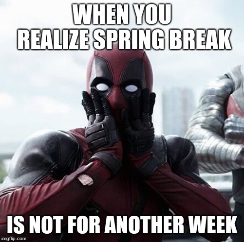 Deadpool Surprised Meme | WHEN YOU REALIZE SPRING BREAK; IS NOT FOR ANOTHER WEEK | image tagged in memes,deadpool surprised | made w/ Imgflip meme maker