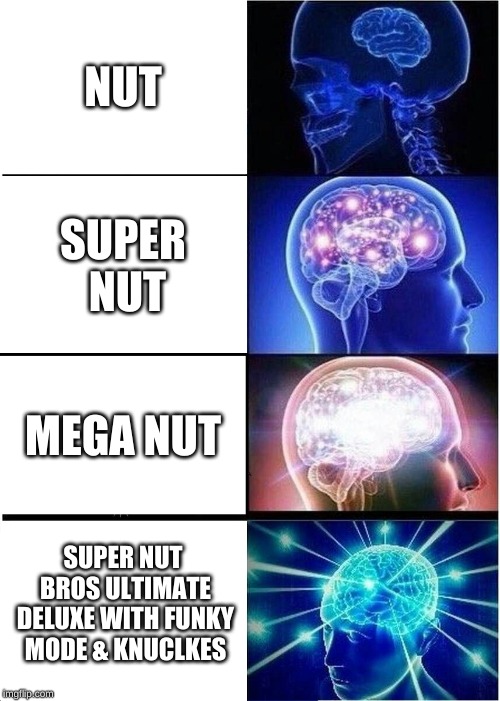 Expanding Brain Meme | NUT; SUPER NUT; MEGA NUT; SUPER NUT BROS ULTIMATE DELUXE WITH FUNKY MODE & KNUCLKES | image tagged in memes,expanding brain | made w/ Imgflip meme maker