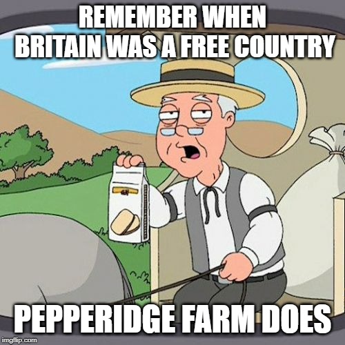 Pepperidge Farm Remembers | REMEMBER WHEN BRITAIN WAS A FREE COUNTRY; PEPPERIDGE FARM DOES | image tagged in memes,pepperidge farm remembers | made w/ Imgflip meme maker
