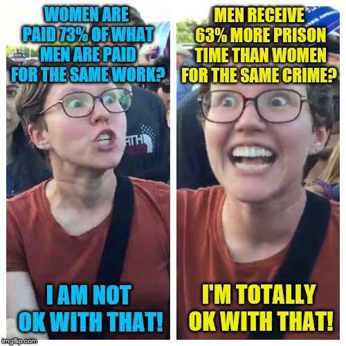 More pay for women! More prison time for women!… wait, what? | WOMEN ARE PAID 73% OF WHAT MEN ARE PAID FOR THE SAME WORK? MEN RECEIVE 63% MORE PRISON TIME THAN WOMEN FOR THE SAME CRIME? I AM NOT OK WITH THAT! I'M TOTALLY OK WITH THAT! | image tagged in social justice warrior hypocrisy,memes,gender equality,sjws | made w/ Imgflip meme maker