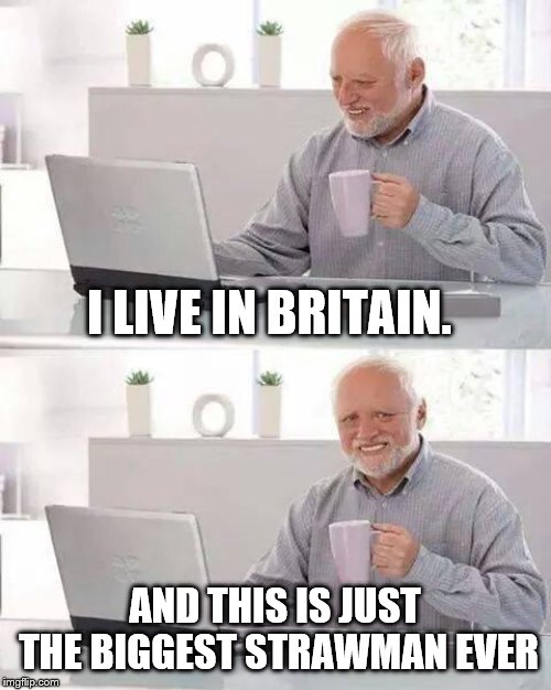 Hide the Pain Harold Meme | I LIVE IN BRITAIN. AND THIS IS JUST THE BIGGEST STRAWMAN EVER | image tagged in memes,hide the pain harold | made w/ Imgflip meme maker