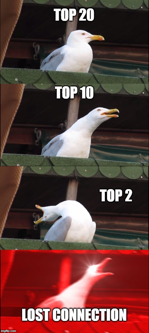 Inhaling Seagull | TOP 20; TOP 10; TOP 2; LOST CONNECTION | image tagged in memes,inhaling seagull | made w/ Imgflip meme maker