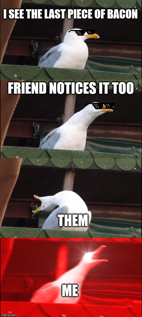 Inhaling Seagull | I SEE THE LAST PIECE OF BACON; FRIEND NOTICES IT TOO; THEM; ME | image tagged in memes,inhaling seagull | made w/ Imgflip meme maker
