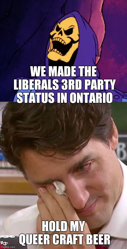 WE MADE THE LIBERALS 3RD PARTY STATUS IN ONTARIO HOLD MY QUEER CRAFT BEER | image tagged in manical skeletor,justin trudeau crying | made w/ Imgflip meme maker