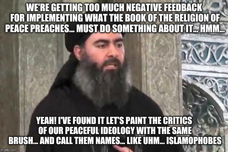 Al baghdadi | WE'RE GETTING TOO MUCH NEGATIVE FEEDBACK FOR IMPLEMENTING WHAT THE BOOK OF THE RELIGION OF PEACE PREACHES... MUST DO SOMETHING ABOUT IT... H | image tagged in al baghdadi | made w/ Imgflip meme maker