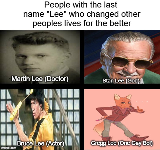 All the Lees | People with the last name "Lee" who changed other peoples lives for the better; Martin Lee (Doctor); Stan Lee (God); Bruce Lee (Actor); Gregg Lee (One Gay Boi) | image tagged in stan lee,night in the woods,gregg lee,bruce lee,marvel | made w/ Imgflip meme maker