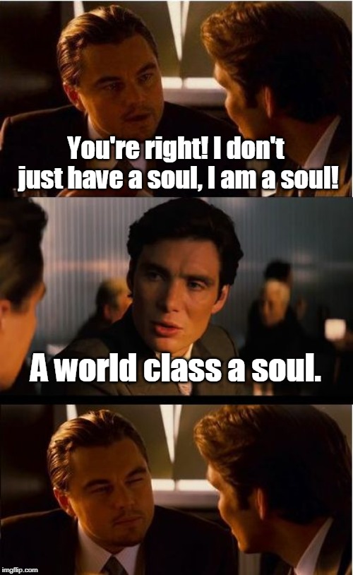 Inception Meme | You're right! I don't just have a soul, I am a soul! A world class a soul. | image tagged in memes,inception,soul | made w/ Imgflip meme maker
