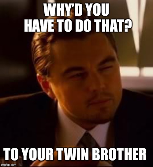 inception | WHY’D YOU HAVE TO DO THAT? TO YOUR TWIN BROTHER | image tagged in inception | made w/ Imgflip meme maker