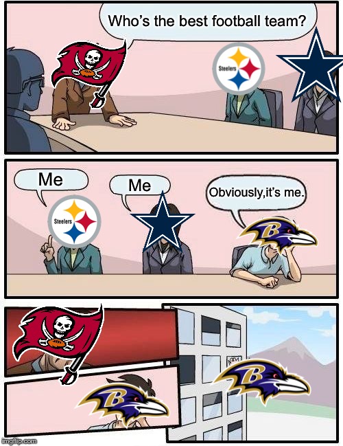 Football Meme #01:Ravens is wrong about favorite football teams. | Who’s the best football team? Me; Me; Obviously,it’s me. | image tagged in memes,boardroom meeting suggestion | made w/ Imgflip meme maker
