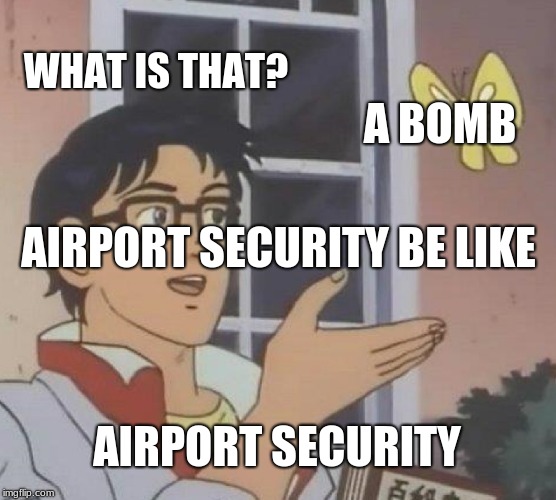 Is This A Pigeon Meme | WHAT IS THAT? A BOMB; AIRPORT SECURITY BE LIKE; AIRPORT SECURITY | image tagged in memes,is this a pigeon | made w/ Imgflip meme maker