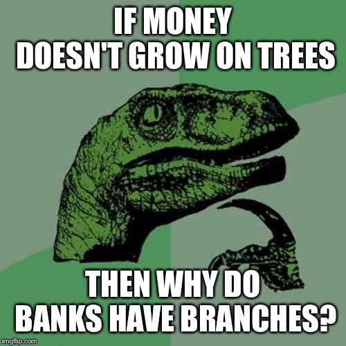 Philosoraptor Meme | IF MONEY DOESN'T GROW ON TREES; THEN WHY DO BANKS HAVE BRANCHES? | image tagged in memes,philosoraptor | made w/ Imgflip meme maker