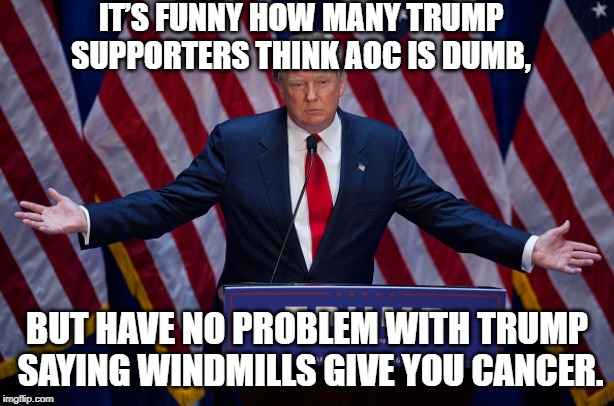 Trump Supporters are the ones on 5th Ave getting Shot | IT’S FUNNY HOW MANY TRUMP SUPPORTERS THINK AOC IS DUMB, BUT HAVE NO PROBLEM WITH TRUMP SAYING WINDMILLS GIVE YOU CANCER. | image tagged in donald trump,aoc,2020,political meme | made w/ Imgflip meme maker