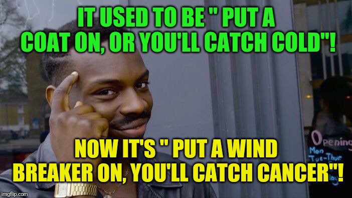 Roll Safe Think About It Meme | IT USED TO BE " PUT A COAT ON, OR YOU'LL CATCH COLD"! NOW IT'S " PUT A WIND BREAKER ON, YOU'LL CATCH CANCER"! | image tagged in memes,roll safe think about it | made w/ Imgflip meme maker