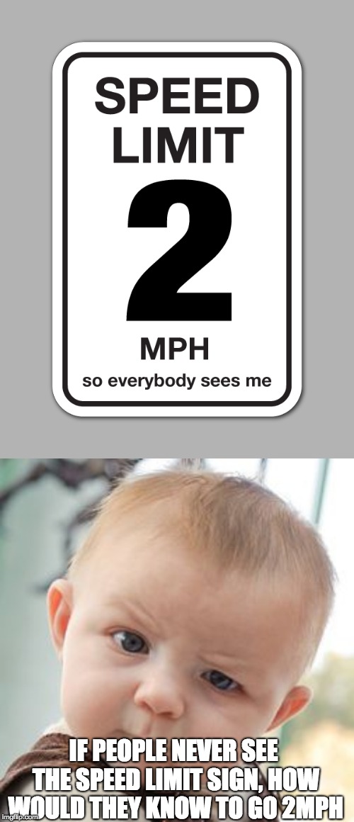 2 MiLeS pEr HoUr So EvErYbOdY sEeS mE | IF PEOPLE NEVER SEE THE SPEED LIMIT SIGN, HOW WOULD THEY KNOW TO GO 2MPH | image tagged in memes,skeptical baby,speed limit,confusion | made w/ Imgflip meme maker