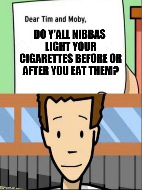 Dear Tim and Moby | DO Y'ALL NIBBAS LIGHT YOUR CIGARETTES BEFORE OR AFTER YOU EAT THEM? | image tagged in dear tim and moby | made w/ Imgflip meme maker