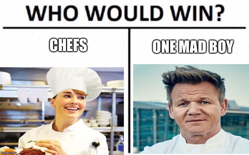 CHEFS; ONE MAD BOY | image tagged in chef gordon ramsay | made w/ Imgflip meme maker