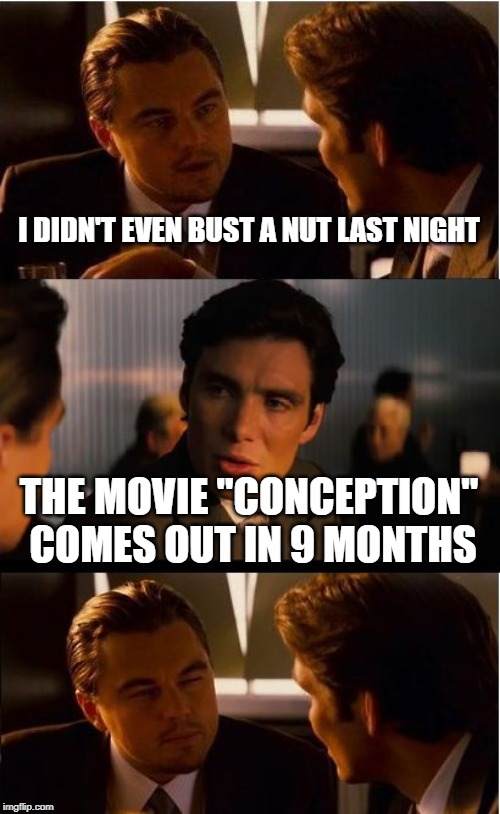 Inception Meme | I DIDN'T EVEN BUST A NUT LAST NIGHT; THE MOVIE "CONCEPTION" COMES OUT IN 9 MONTHS | image tagged in memes,inception | made w/ Imgflip meme maker