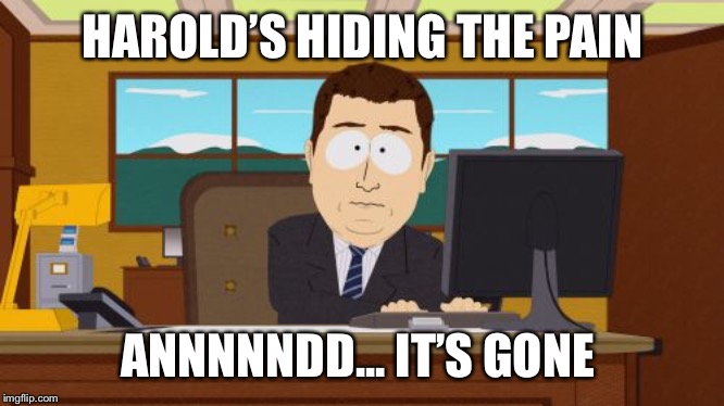 Annd he's gone | HAROLD’S HIDING THE PAIN ANNNNNDD... IT’S GONE | image tagged in annd he's gone | made w/ Imgflip meme maker