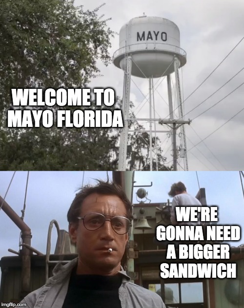 Actual tower in Mayo Florida! | WELCOME TO MAYO FLORIDA; WE'RE GONNA NEED A BIGGER SANDWICH | image tagged in going to need a bigger boat | made w/ Imgflip meme maker